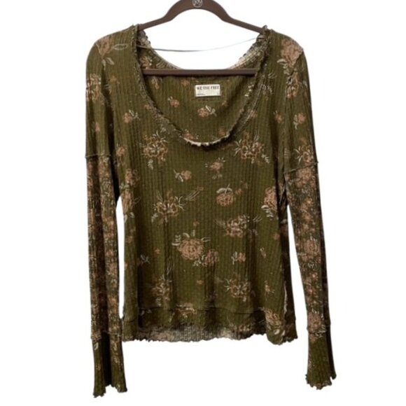 Free People We The Free Clover Floral Long Sleeve Thermal Shirt Size Large Green - Picture 3 of 16